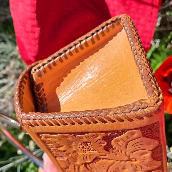 HAND TOOLED Cowhide Leather Purse with Melamine handle. VINTAGE Brown /Tan - Picture 9 of 17